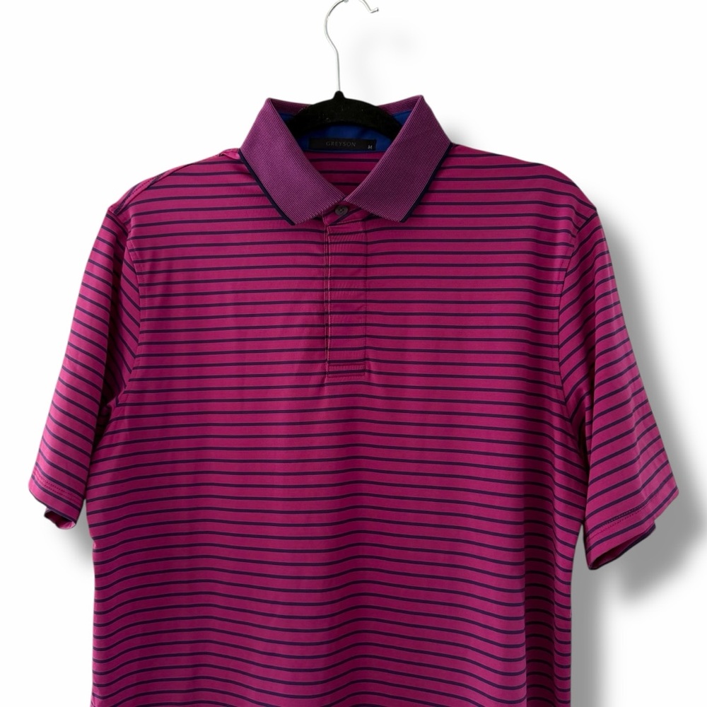 Greyson Men's Magenta & Blue Striped Saranac Performance Polo Shirt Golf Medium - Picture 2 of 8